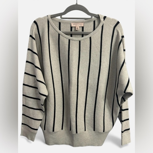 Philosophy Sweaters - Philosophy Womens Large Cream/Black Striped Drop Shoulder Crew Soft Cozy Sweater